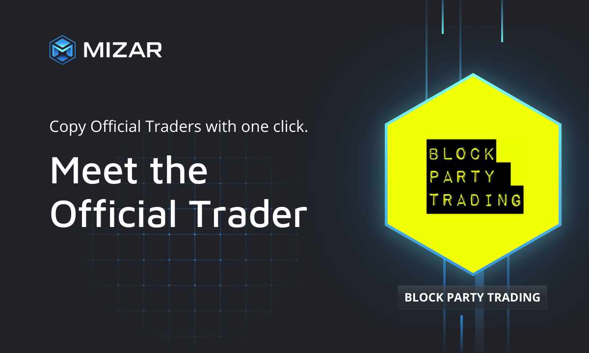 Black background with blue checks and white text. Contains the Straco logo and a hexagon with a logo of  Block Party Trading. 