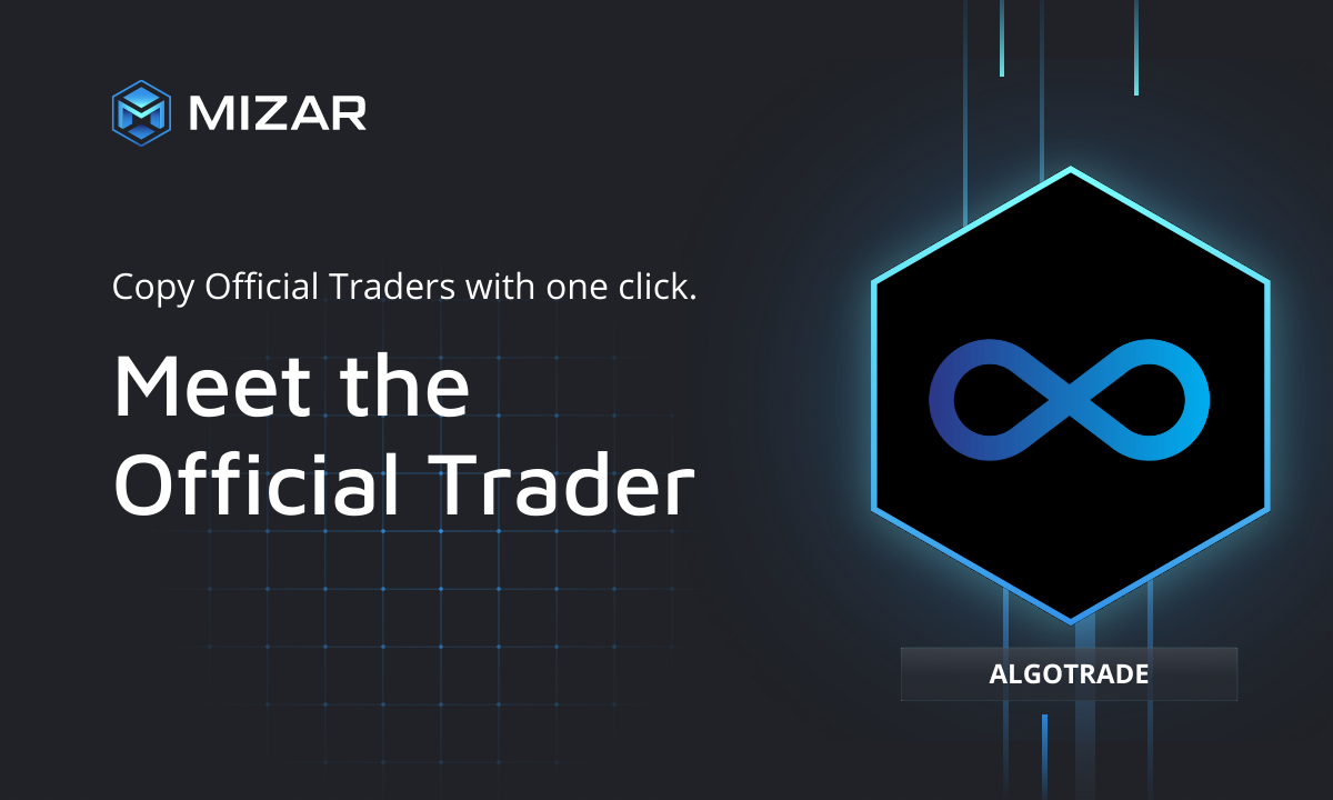 Black background with blue checks and white text. Contains the Straco logo and a hexagon with a logo of AlgoTrade. 