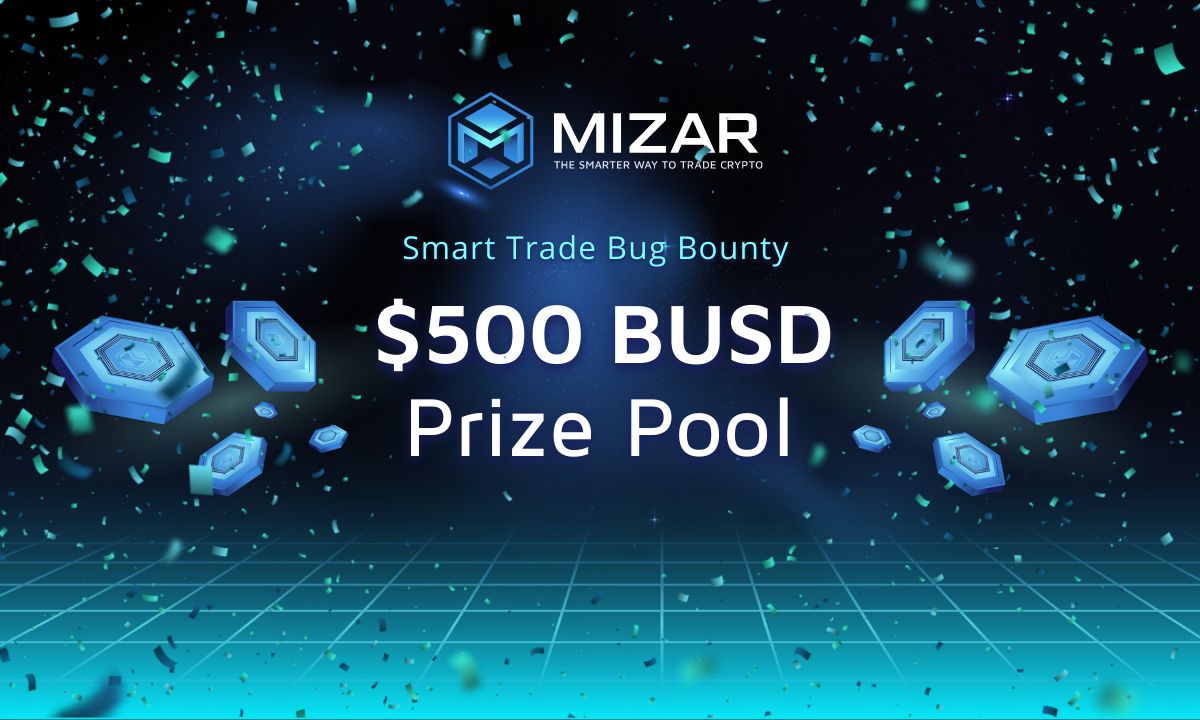 Dark Blue background with green party poppers,  Mizar's Logo and white and blue text 