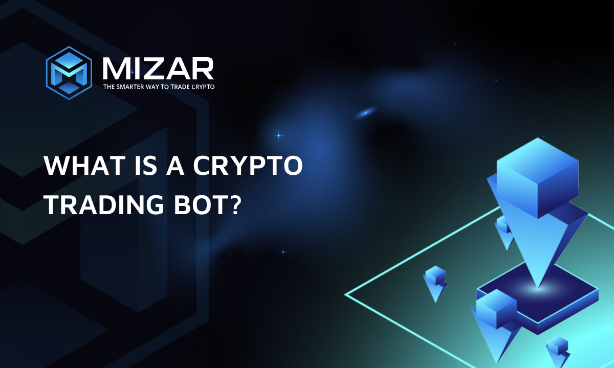 This image has navy blue and turquoise gradient background with small stars. It contains white text and the Straco logo saying "the smarter way to trade crypto". The image also contains triangular and cubed shaped figures.  